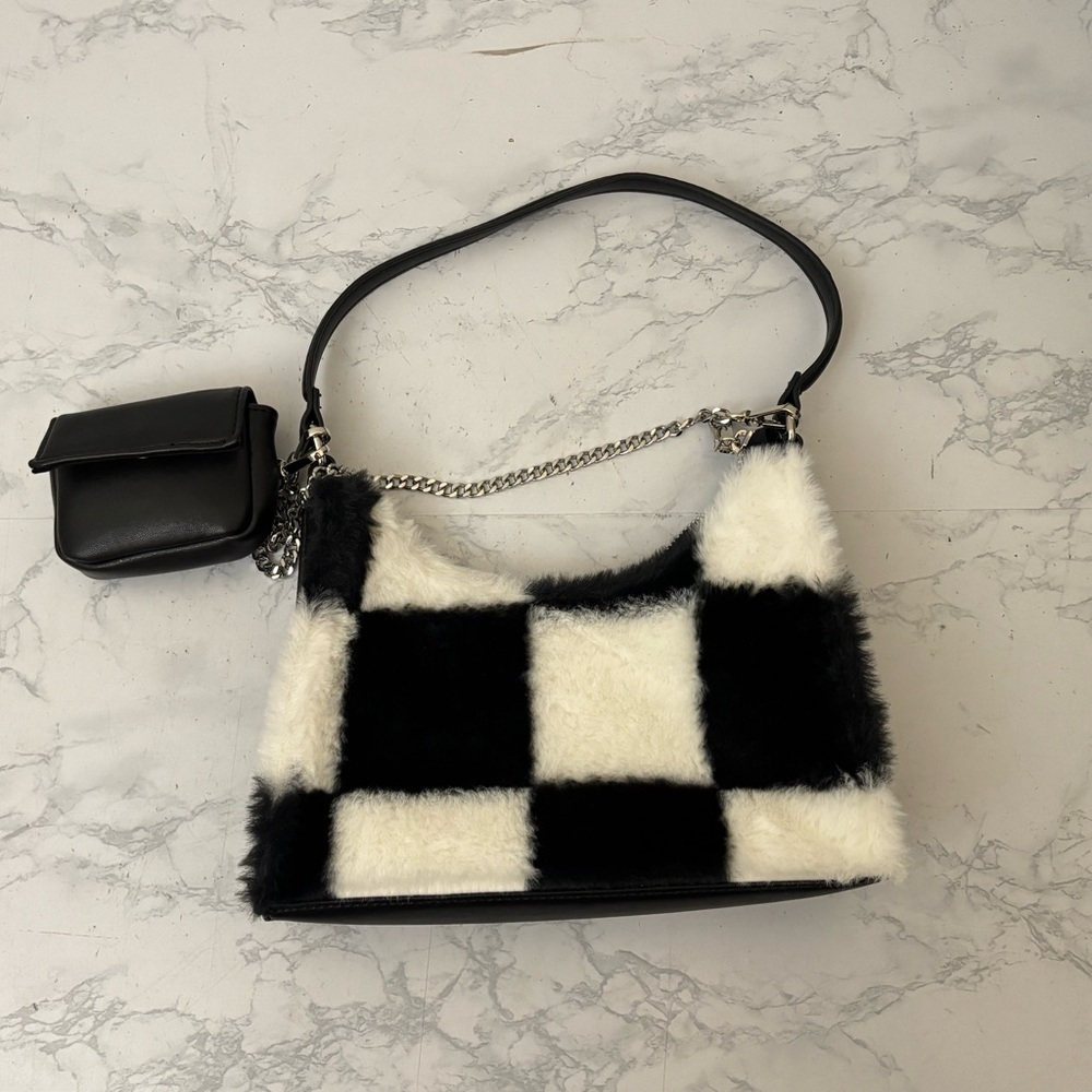 Madden NYC Women's Chain Crossbody Handbag with Pouch, Black White Furry Fir - Picture 1 of 10